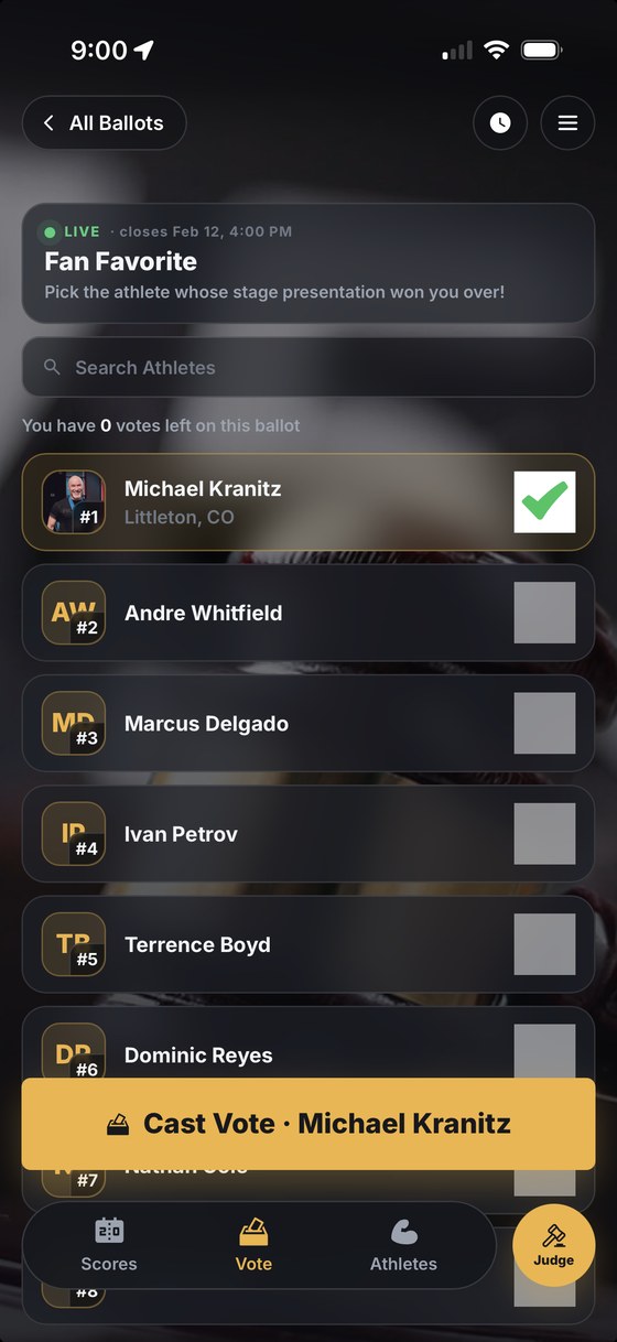 A spectator voting on the Fan Favorite ballot from their own phone