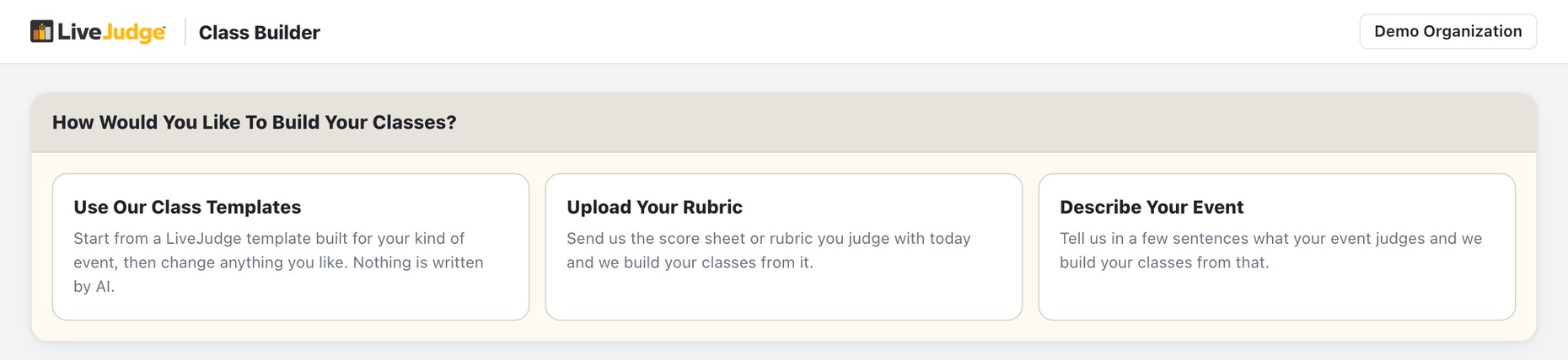 The Class Builder asking how to build your classes: use our class templates, upload your rubric, or describe your event. Upload Your Rubric is circled in red.