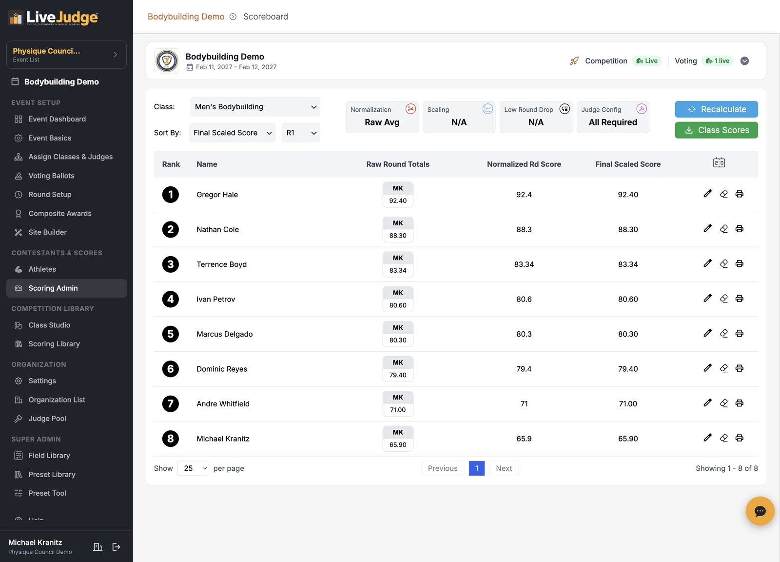 The scoring console showing normalization, scaling, low round drop and judge configuration