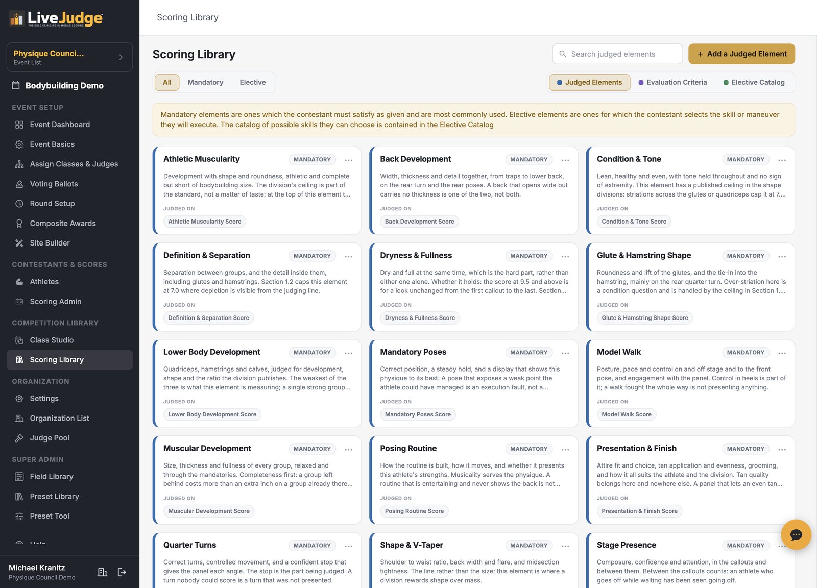 The scoring library showing the sixteen judged elements of the Physique Standard